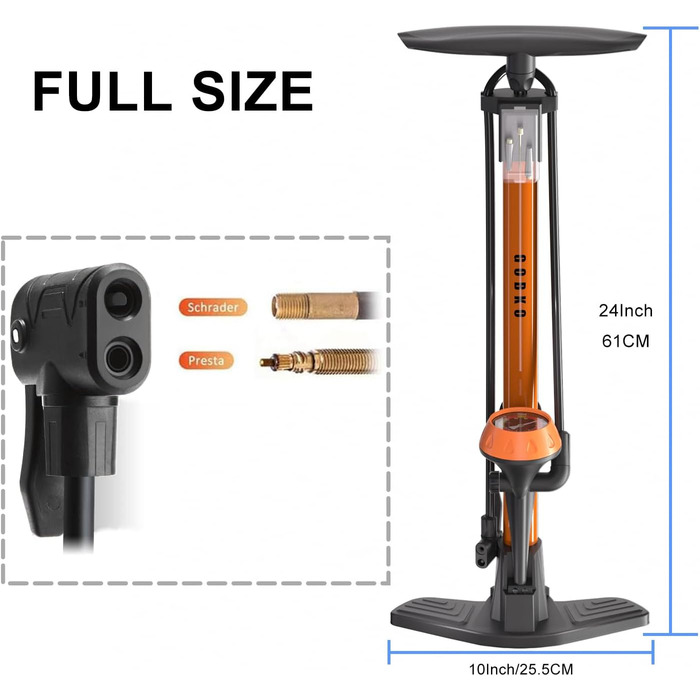 Велосипедний насос GOBKO, підлоговий, 129x23.5x12 см, 11 бар / 160 psi, сталь, помаранчевий