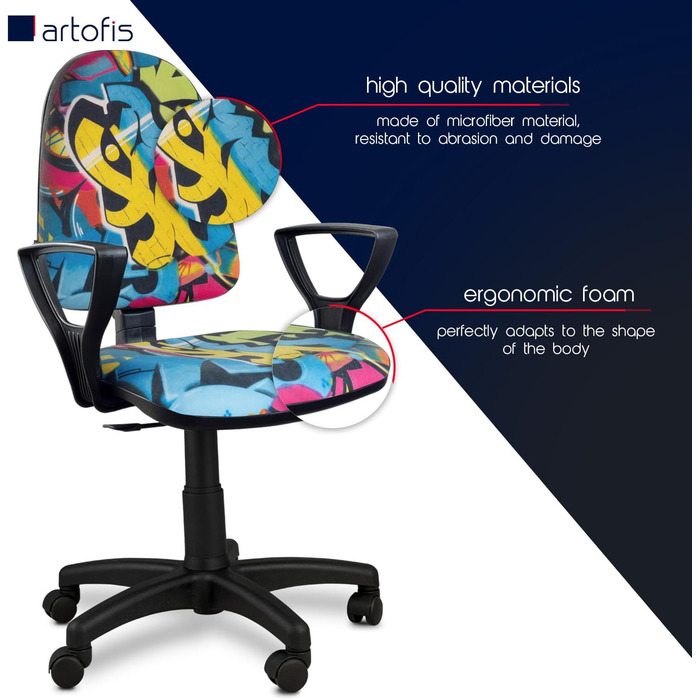 Дитяче письмове крісло з регульованою висотою - Ергономічне дитяче письмове крісло з 5 колесами, обертове дитяче крісло зі спинкою, різнокольорове з мотивом Bred Graf