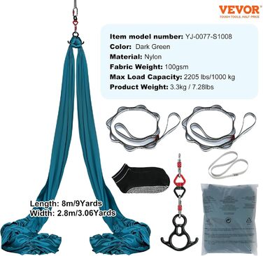 Гамак для аеро-йоги VEVOR Aerial Yoga Hammock, унісекс, для дорослих (Зелений), 8,22 x 2,8 м