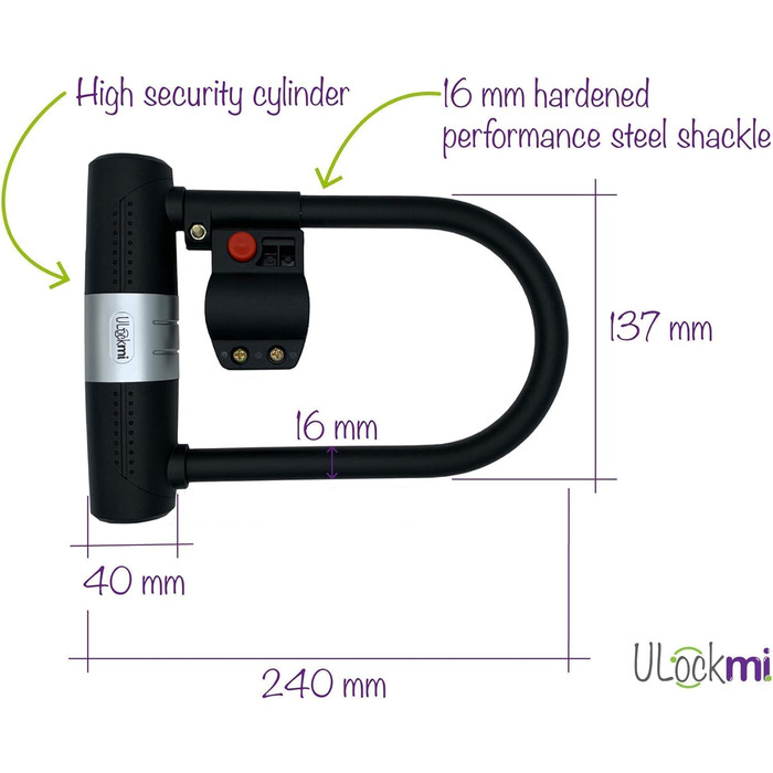 Велосипедний замок Ulockmi U-Lock 16 мм трос 120 см (Ø 10 мм), 3 ключі та кронштейн, водонепроникний комплект U-Lock для велосипеда, гірського велосипеда та електровелосипеда (чорний)