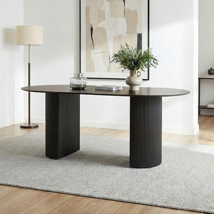 Овальний обідній стіл LISANDRO, 160 x 90 см, з керамічною стільницею, темно-сірий/чорний сучасний кухонний стіл з міцною керамічною стільницею та стабільним металевим каркасом для стильної їдальні або кухні