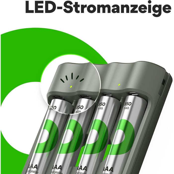 Зарядний пристрій GP ReCyko USB AA AAA, включаючи 4 акумуляторні батарейки AAA 850 мАг, NiMH 1.2V, зарядний пристрій з акумуляторними батарейками AAA