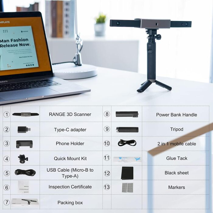 Сканер Revopoint Range, точність сканування 0,1 мм, швидкість сканування 18 кадрів в секунду, одна область сканування 360 мм x 650