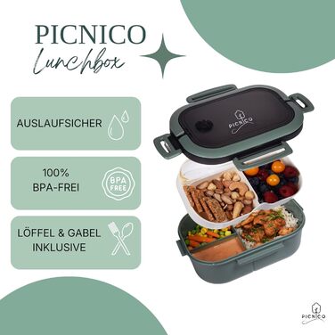 Преміум ланчбокс для дітей 1200 мл, двоповерховий, з 6 відділеннями, зелений (без BPA) контейнер для сніданків та перекусів з ложкою та виделкою ідеально підходить для дитячого садка та школи, можна мити в посудомийній машині, герметичний