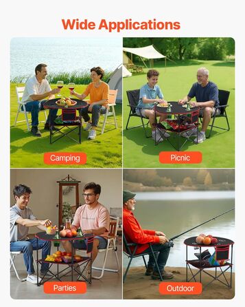 Складаний фуршетний стіл VEVOR, портативний універсальний стіл, 72 x 72 см, водонепроникний стіл з тканини Оксфорд 600D з сумкою для перенесення та 4 підставками для напоїв, садовий стіл, кемпінговий стіл для вечірок та пікніків, чорний