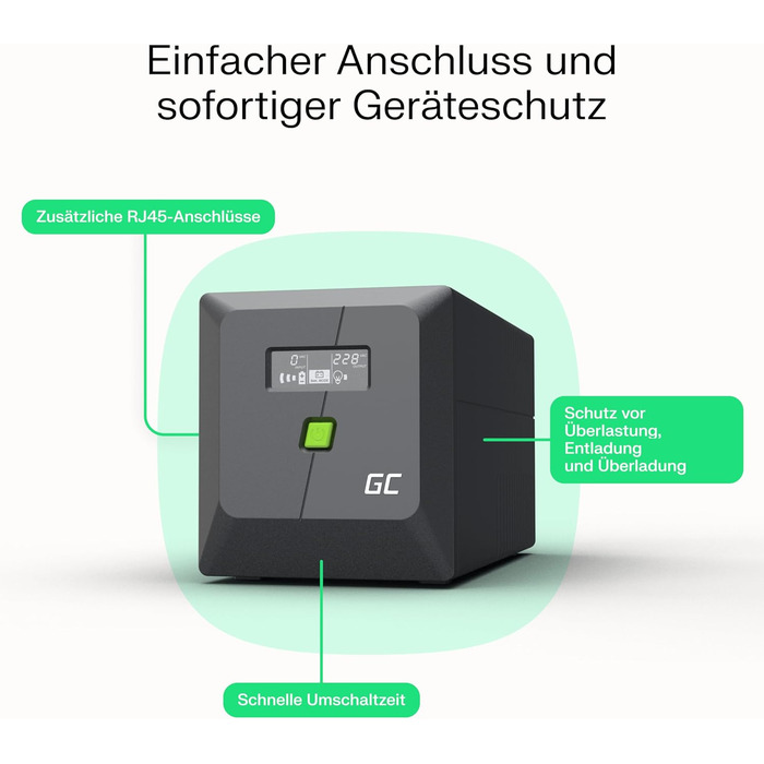 ДБЖ Greencell 1000VA 700W PowerProof з РК-дисплеєм ДБЖ чистої синусоїди, надійний захист живлення, захист від перенапруги, аварійне джерело живлення для побутової техніки, USB/RJ45, 4 шт. Schuko