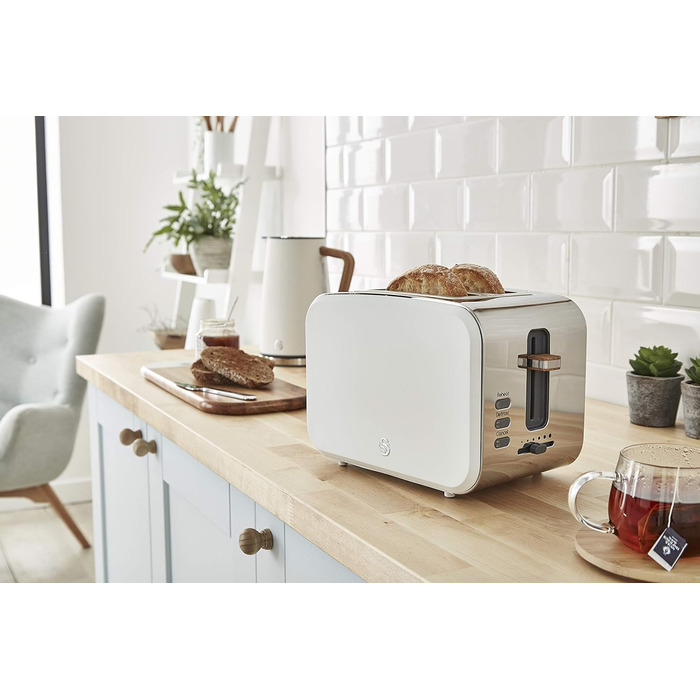 Чайник для сніданку Swan Nordic Set, бездротовий, 1,7 л, 2200 Вт, широкий слот, 2 диски, 3 функції, сучасний дизайн, вигляд під дерево, білий
