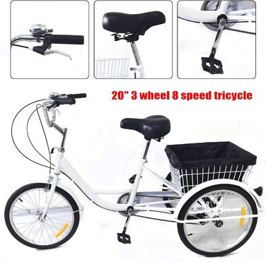 Триколісний велосипед для дорослих, 20-футовий триколісний велосипед для дорослих з кошиком для покупок, 8-швидкісний 3-колісний міський велосипед для всіх типів дорожніх покриттів