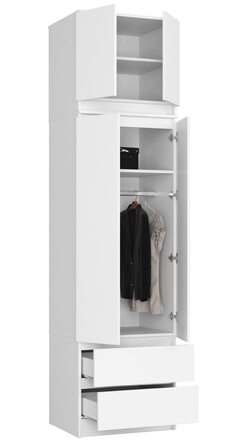 Шафа BDW з надставкою, 4-дверна шафа, 2 шухляди - Шафа для зберігання - Сучасна шафа для спальні, вітальні, коридору, 234x60x51 см - Біла