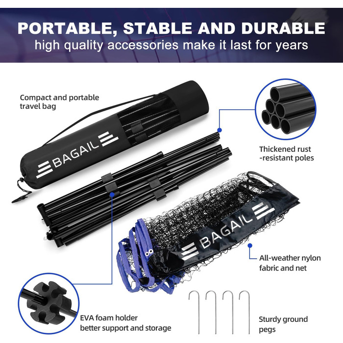 Сітка для бадмінтону BAGAIL, складна нейлонова сітка, регульована по висоті підставка та сумка для перенесення, легко встановлюється та знімається, ідеальна спортивна сітка для тенісу, бадмінтону або волейболу, 3M синій/чорний