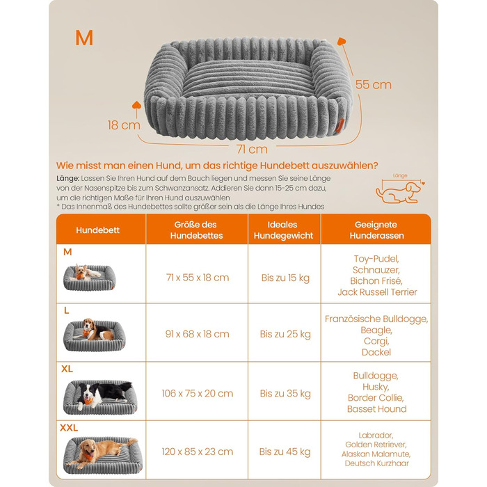 Ліжко для собак Feandrea, ортопедичний кошик для собак середнього розміру, миюча подушка для собак, пухнастий килимок для собак, м&39яка підкладка, 71 x 55 x 18 см, колір Dove Grey PGW311GD01 M (71 x 55 x 18 см) колір Dove Grey