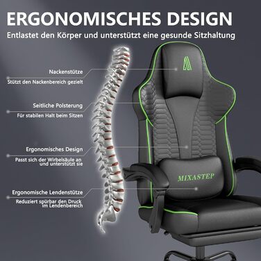 Ергономічне ігрове крісло, офісне крісло з підставкою для ніг, регульоване по висоті та нахилу, надзвичайно широке сидіння (51 см), ергономічна поперекова опора, вантажопідйомність до 150 кг, зелений колір