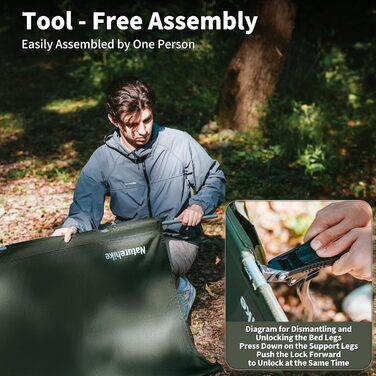 Кемпінгове ліжко Naturehike, надлегке похідне ліжко, портативне розкладне ліжко, міцне з сумкою для перенесення, кемпінговий шезлонг для наметів, для пішого туризму, дому, походів, офісу, ліжко для обідньої перерви, чорне, оновлене