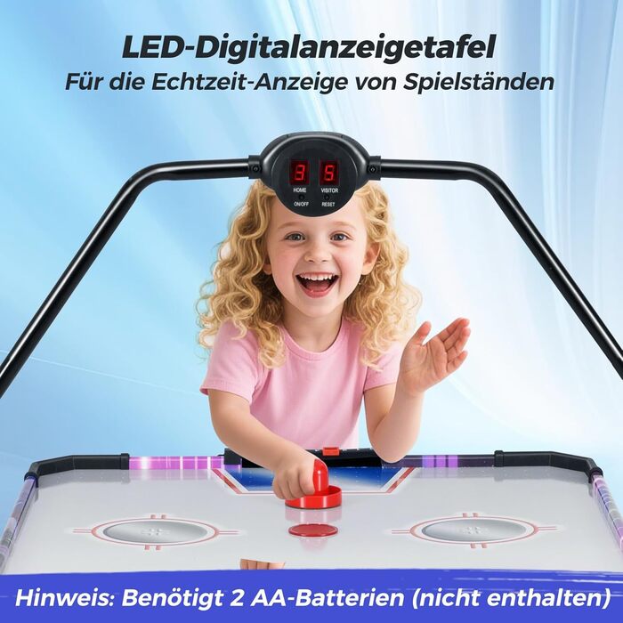 Стіл для аерохокею COSTWAY зі світлодіодним цифровим дисплеєм, електричний стіл для аерохокею з двигуном 12 В, настільний хокей, включаючи 2 ключки та 2 шайби, швидкісний аерохокей для дому, ігрової кімнати та офісу