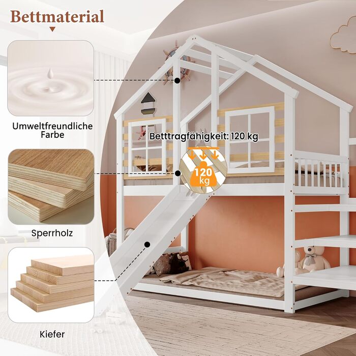 Дитяче двоярусне ліжко 90x200, ліжко-горище, дерев&39яне ліжко-будиночок зі сходами та гіркою, каркас ліжка із захистом від падіння та поручнями, ліжко з рейковою основою, каркас ліжка з масиву дерева, без матраца, білий колір