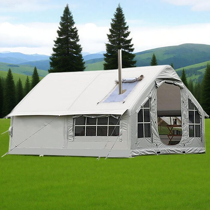 Зимовий надувний намет-будиночок XXL, сімейний намет на 6-8 осіб, надувний кемпінговий намет з насосом, 4-сезонний розкладний намет, великий XXL намет для вулиці з димоходом, сірий, 385x260x200 см