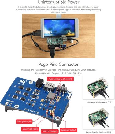 ДБЖ Waveshare HAT сумісний з джерелом безперебійного живлення Raspberry Pi 5 В Схеми захисту кількох акумуляторів Заряд і вихідна потужність одночасно (UPS HAT (B) (EU))