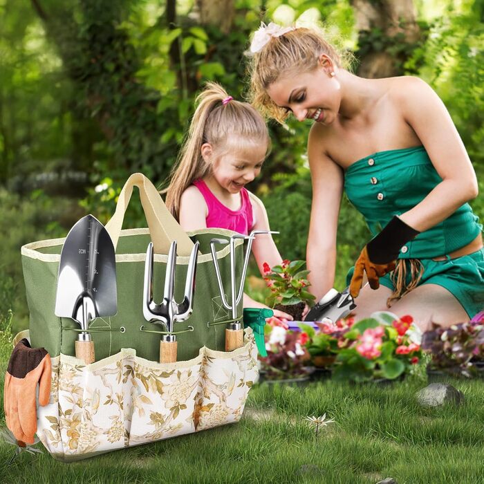Набір садових інструментів Gartenwerkzeug, 12 предметів, з органайзером-сумкою, садова лопатка з деревяною ручкою, секатор, садові граблі, подарунок для садівників, ідеальний подарунок для жінок-садівниць