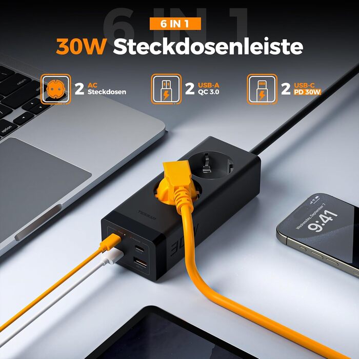 Подовжувач TESSAN 30 Вт USB C, швидка зарядка GaN USB C з 2 відсіками та 4 USB, розетка з подовжувачем 2M, захист від перенапруги