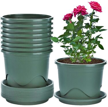 Набір із 6 пластикових горщиків для рослин KAHEIGN, квіткові горщики 22 см з блюдцями, пластикові горщики для розсади, горщики для трав, декоративні для використання в приміщенні та на вулиці (зелені)