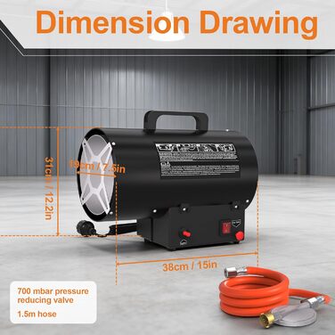 Газовий пропановий обігрівач, 15 кВт, портативний газовий обігрівач з п&39єзорозпалом, професійний повітродув гарячого повітря (клас захисту IPX4) для будівельних майданчиків, майстерень, гаражів та складів