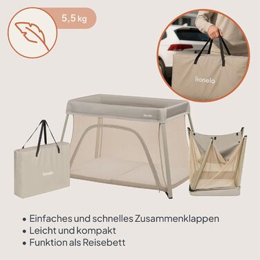 Дорожнє ліжечко/манеж Lionelo Alice 3-в-1 для дітей вагою від 0 до 15 кг, з поролоновим матрацом, 2 налаштування висоти, складне, компактне, легке, з боковим входом та бежевою дорожньою сумкою