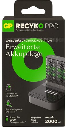 Зарядний пристрій GP RECYKO PRO USB P461, включаючи 4 батарейки RECYKO PRO AA 2000 мАг та USB-док-станцію, зарядний пристрій із док-станцією та 4 батарейками AA