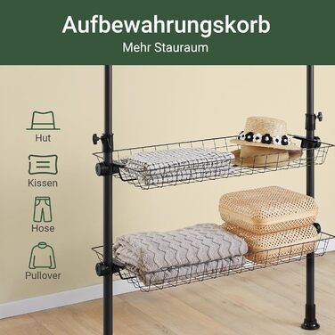 Телескопічна вішалка для одягу SoBuy, міцна вішалка для одягу, регульована відкрита шафа з кошиками для зберігання для спальні, вішалка для одягу, чорна KLS04-II-SCH