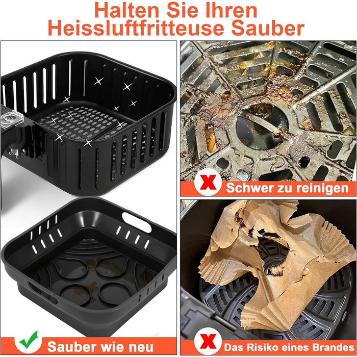 Силіконова форма 22 см для фритюрниці, аксесуари для фритюрниці 2 шт. Силіконова форма для випічки XXL для COSORI 5.5 л, Cecotec 6 л, Tefal EY8018 6.5 л багаторазова замість паперу для випічки аксесуари для фритюрниці чорний