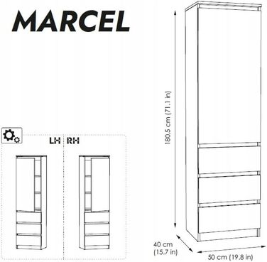 Шафа з шухлядами - Шафа з 3 шухлядами та полицями - Шафа шириною 50 см, висотою 180,5 см, глибиною 40 см - Спальня, дитяча кімната, шафа для білизни - Білий