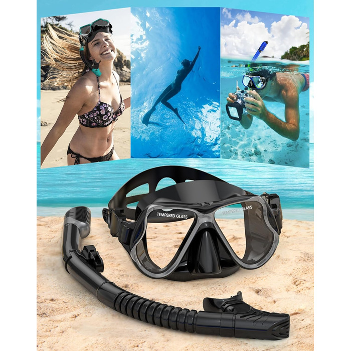 Набір для сноркелінгу Karvipark для дорослих, набір для сноркелінгу з маскою для дайвінгу та сухим сноркелем, маска для дайвінгу із захистом від протікання та запотівання, професійне спорядження для сноркелінгу, плавання та дайвінгу, колір чорний