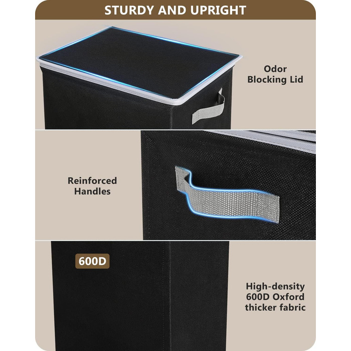 Л Кошик для білизни з кришкою чорний і мішок для білизни - Кошик для білизни вузький Для ванної кімнати, спальні, пральні, дитячої