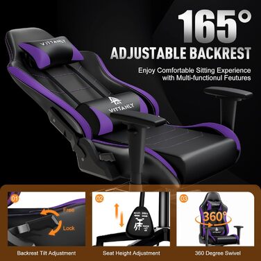 Ігрове крісло Vittanly, ергономічне ігрове крісло з підголівником та поперековою опорою, регульоване по висоті поворотне ігрове/офісне крісло з регульованою спинкою 90-165, вантажопідйомність 150 кг, фіолетове