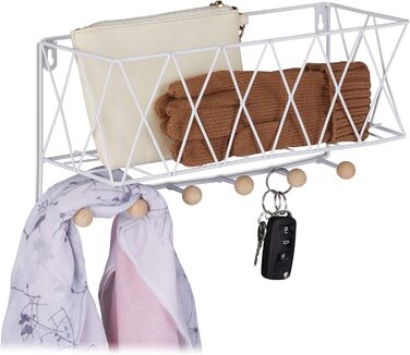 Настінна полиця Relaxdays з рейкою для гачків, метал та дерево, решітка, настінна вішалка для одягу 6 гачків, ВхШхГ 17 x 36 x 13 с