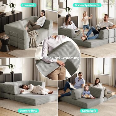 Розкладний диван LINSY HOME - Розкладний диван-ліжко з підлокітником та подушкою для спини - Розкладний диван-ліжко, ширина 160 см - Стиснутий диван у коробці - Вельветова тканина для вітальні, спальні, сірий колір, ширина 1,6 м
