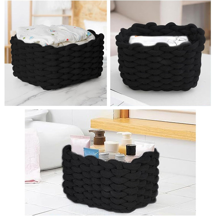 Кошик для зберігання, 2 шт., плетений бавовняний в&39язаний кошик, 19x15x12 см, плетений кошик для зберігання, плетена бавовняна мотузка, для спальні, коробки для зберігання у вітальні (чорні), чорні, 2 шт.