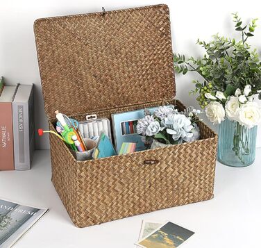 Плетений кошик для зберігання з морської трави з кришкою, натуральний плетений коричневий кошик-поличка з пряжкою для організації іграшок, одягу, фруктів для гардеробу, вітальня, 40 x 28 x 19 см, кавово-коричневий