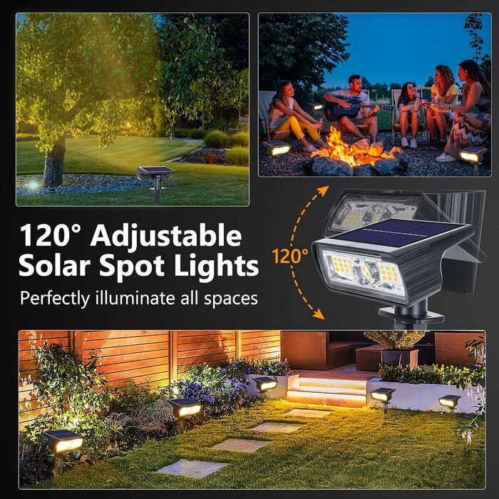 Сонячні ліхтарі для саду на відкритому повітрі, сонячні прожектори 3000K теплого білого кольору, 4 шт., водонепроникні садові ліхтарі IP65, 2 режими яскравості, сонячні ліхтарі для саду на відкритому повітрі, двору, доріжки