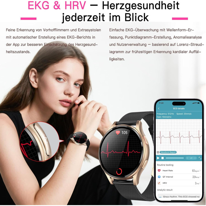 Жіночий смарт-годинник з ЕКГВСР/ІМТ/сечовою кислотою, круглий 1,43-дюймовий AMOLED годинник для здоров&39я з 24-годинним зворотним тиском, монітором сну, фітнес-трекером менструального циклу, сумісний з iOS/Android, чорний міланський ремінець