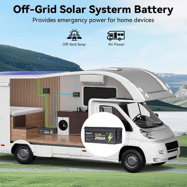 Літій-іонний акумулятор 12V 200Ah LiFePO4 з Bluetooth-моніторингом, самонагріванням, захистом від перегріву та акумуляторами BMS 200A для автофургонів, кемпінгів, сонячних панелей, гольф-карів та домашніх автономних систем 12200-BT-Heat