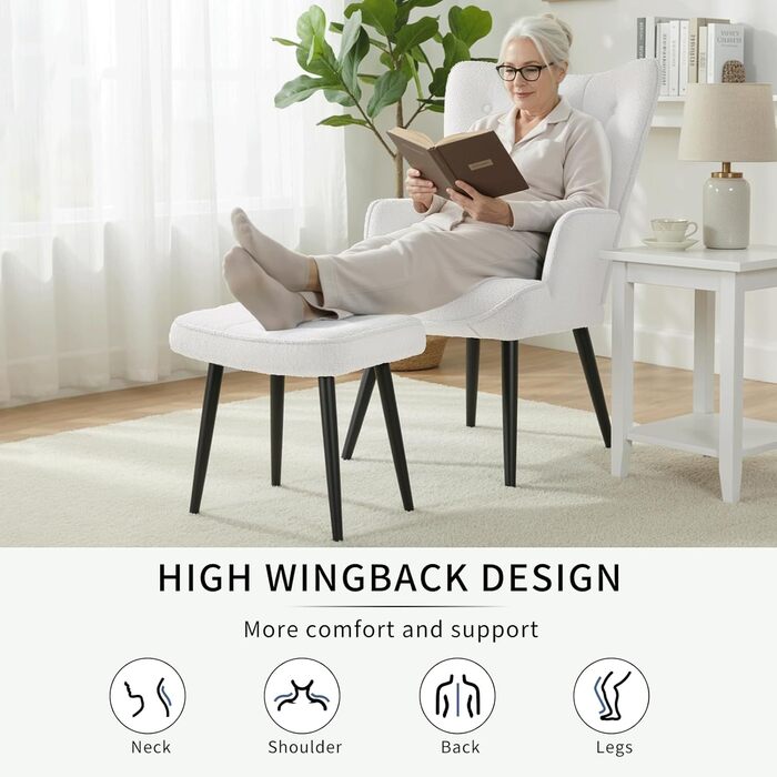 Крісло CLEVICH з підніжкою - Затишне крісло для відпочинку з підніжкою, крісло для читання, крісло з тканини Тедді для вітальні та спальні - До 168 кг, Біле