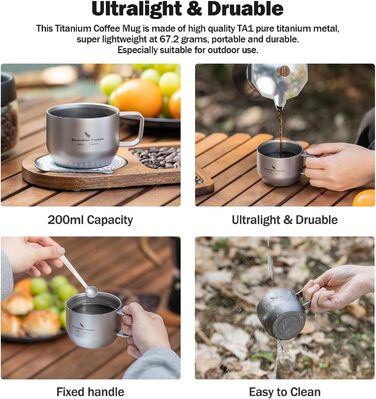 Мл титанова чашка для еспресо, двостінна кружка для лате, капучино, какао, металева чашка для чаю, для кемпінгу на свіжому повітрі, для подорожей, надлегка, міцний посуд для напоїв (титановий колір Ti3086D), срібляста, 200