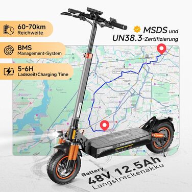 Електросамокат з допуском до дорожнього руху, 15,6 Аг/12,5 Аг, запас ходу 80-60 км, 10-дюймовий позашляховий електросамокат з поворотниками (E-Mark) та додатком, міцний електросамокат для дорослих, для поїздок містом та за містом, макс. 60 км, чорно-помар