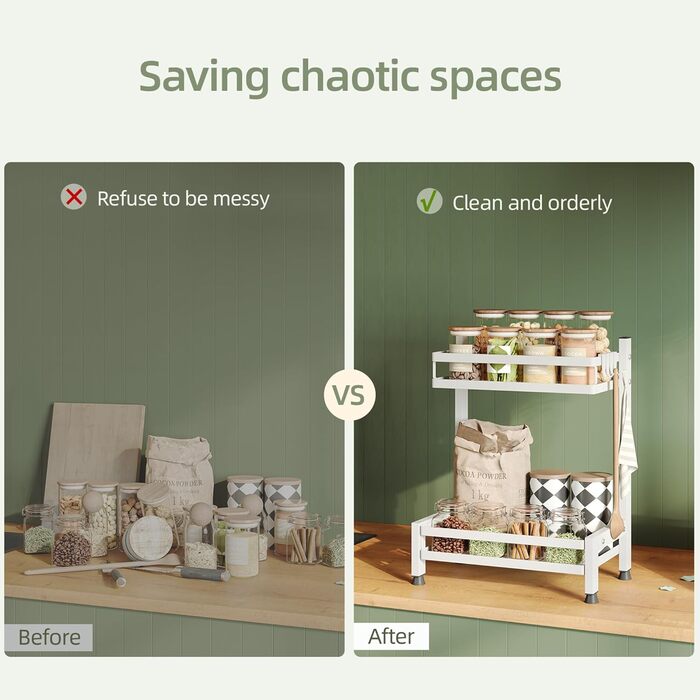 Багатофункціональна підставка для спецій NETEL, стояча, 2 рівні, підставка/тримач для спецій з нержавіючої сталі, органайзер для кухонних полиць на 4 гачки, біла, 2 рівні (базова модель)