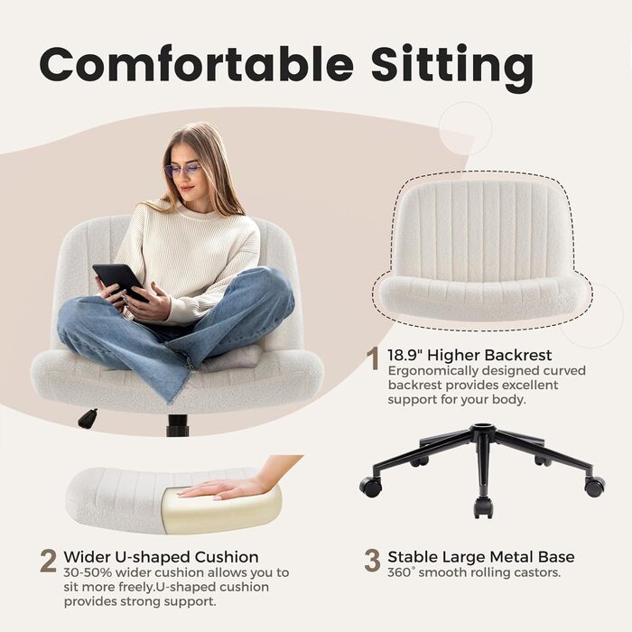 Офісне крісло IWMH без підлокітників, регульоване по висоті поворотне крісло з колесами, письмове крісло з оббивкою з тканини Teddy, крісло для читання з ширшою подушкою для сидіння зі схрещеними ногами (біле з колесами) Teddy White з колесами