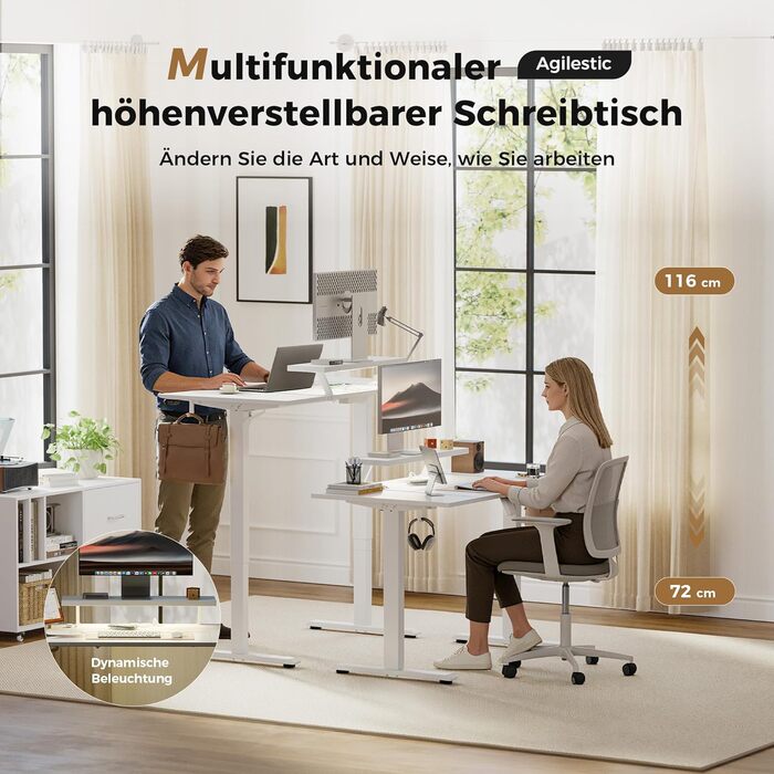 Електрично регульований по висоті стіл 140 x 80 см зі світлодіодною стрічкою, USB-портом та регульованою підставкою для монітора, стіл для роботи стоячи з 4-секційною стільницею, комп&39ютерний стіл, білий 140 x 80 см зі світлодіодним підсвічуванням