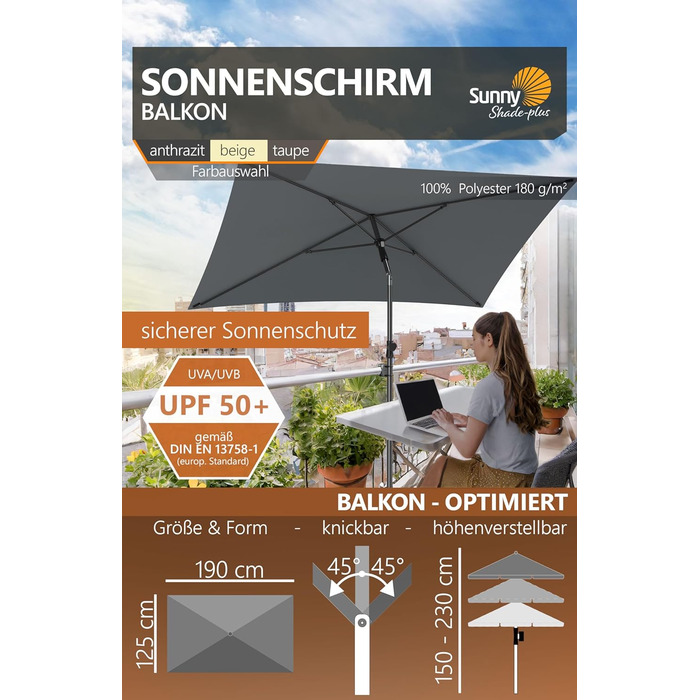 Парасолька 4smile Parasol Balcony SunnyShade Plus 200 x 125 см для захисту від ультрафіолету UV50 із захисним чохлом  антрацит