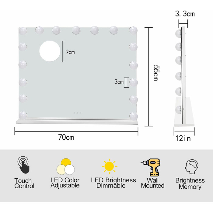 Голлівудське дзеркало для макіяжу LIANWANG з підсвічуванням, 17-світлодіодне дзеркало для макіяжу з регулюванням яскравості світла для макіяжного столика, дзеркало для макіяжу з 3 колірними температурами, Type C і USB 70 x 55 см 55L x 70B см Білий