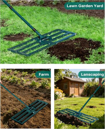 Вирівнювач газону Rasenrakel Міцний граблі для вирівнювання ґрунту, піску (76x25 см) з гаком для підвішування та регульованою ручкою для саду, городу, гольф-полів