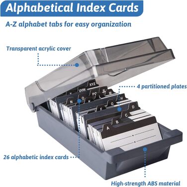 Коробка для візитних карток Lunriwis вміщує 500 карток, велика прозора коробка для візитних карток із 4 роздільниками та вкладками для покажчиків AZ, коробка для зберігання візиток